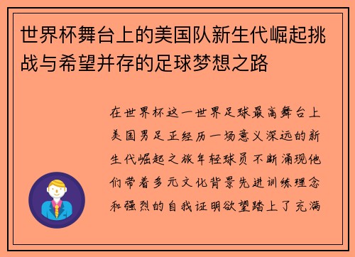 世界杯舞台上的美国队新生代崛起挑战与希望并存的足球梦想之路