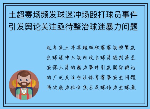 土超赛场频发球迷冲场殴打球员事件引发舆论关注亟待整治球迷暴力问题