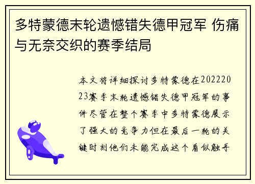 多特蒙德末轮遗憾错失德甲冠军 伤痛与无奈交织的赛季结局